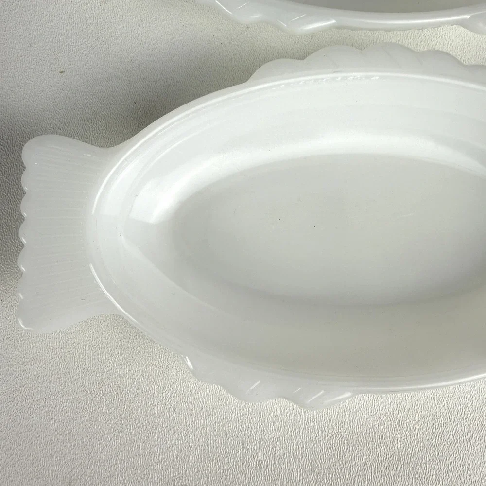 (2) VINTAGE Glasbake White Milk Glass Fish Shaped Baking Dish 9.25